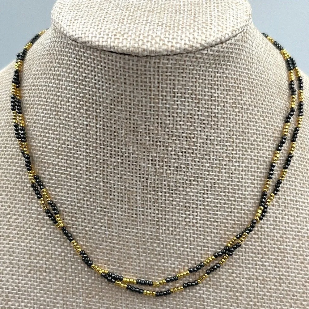 Vintage‎ Black & Gold Seed Bead Necklace Multi Strand Torsade Statement Jewelry